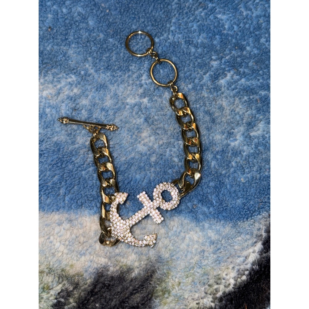 Gold Tone Pave Crystal Anchor Curb Chain Toggle Bracelet Nautical Coastal